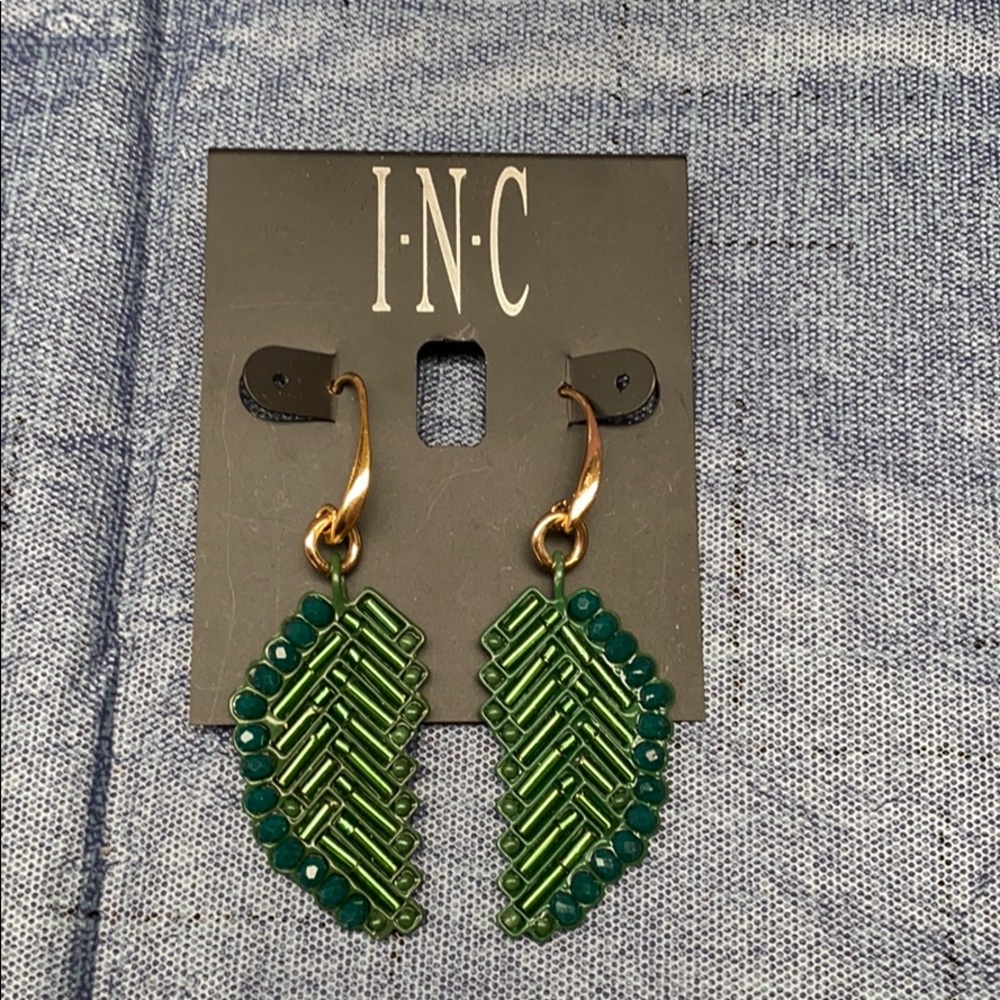 Green Beaded Leaf Earrings